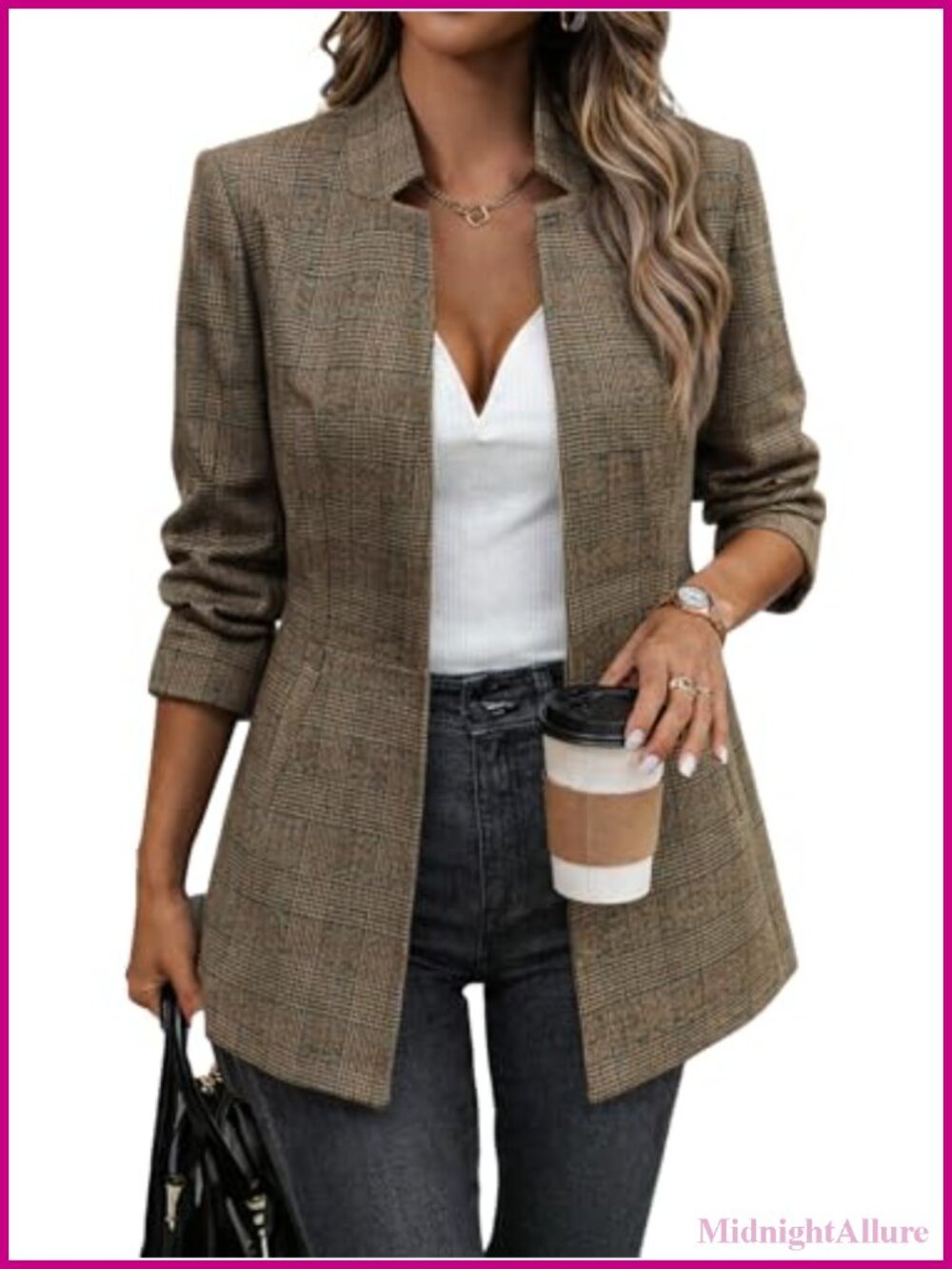 Womens Tweed Blazer Long Open Front Jacket Business Casual Plaid